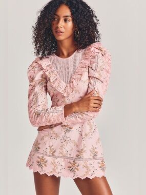 LoveShackFancy Cedella puff sleeve embroidered Mini Dress in Honey Dew Pink sz 0